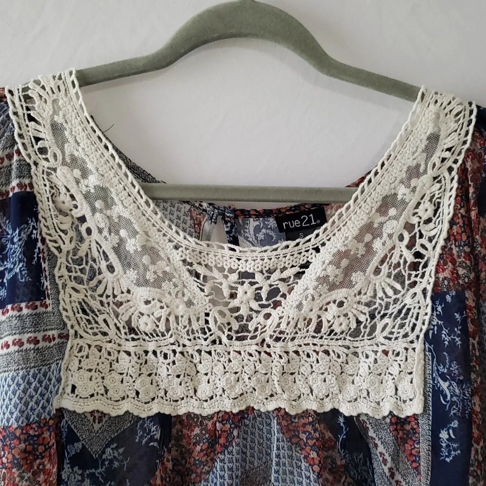 Rue 21 Crochet Sheer Blouse Small Vintage Quilt Inspired Boho Bohemian - Picture 2 of 11